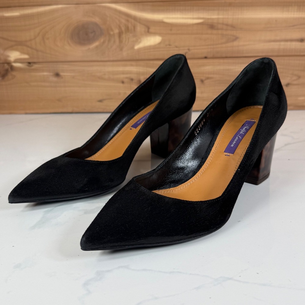 Ralph Lauren Collection Black Suede Tortoise Block Heel Pumps 37.5 Made in Italy